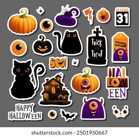 Happy Halloween day set of elements background vector. Cute collection of spooky ghost, pumpkin, bat, candy, cat, skull, spider and other . Adorable Halloween festival elements for decoration, prints,