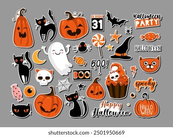 Happy Halloween day set of elements background vector. Cute collection of spooky ghost, pumpkin, bat, candy, cat, skull, spider and other . Adorable Halloween festival elements for decoration, prints,