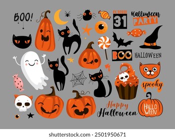 Feliz día de Halloween conjunto de Vector de fondo de Elementos. Linda colección de fantasma espeluznante, calabaza, murciélago, caramelo, gato, cráneo, araña y otros . Adorables Elementos del festival de Halloween para la decoración, impresiones,