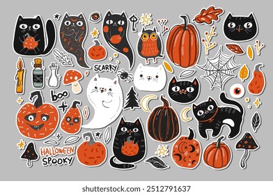 Happy Halloween day set of elements background vector. Cute collection of spooky ghost, pumpkin, bat, candy, cat, skull, spider and other . Adorable Halloween festival elements for decoration, prints,