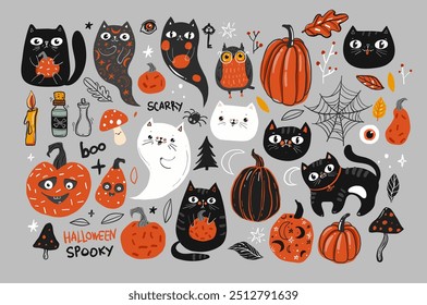 Happy Halloween day set of elements background vector. Cute collection of spooky ghost, pumpkin, bat, candy, cat, skull, spider and other . Adorable Halloween festival elements for decoration, prints,