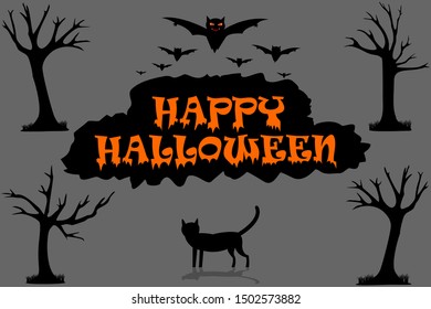 Happy Halloween Day. The silhouette of bats,cat and tree. Vector illustration 