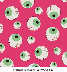 Happy Halloween day. Spooky season illustration on a pink background. Halloween vector flat pattern. Vector monster crazy eyeballs. Eyes seamless cartoon