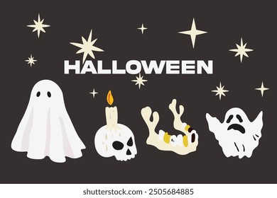 Happy Halloween day. Spooky season illustration on a black background with inscription. A set of cute ghosts in different poses, human skull with candle and human lower jaw with gold teeth