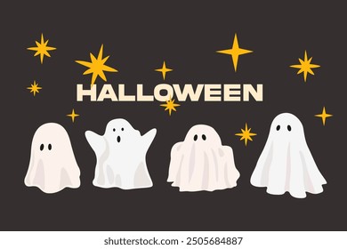 Happy Halloween day. Spooky season illustration on a black background with inscription. A set of cute ghosts in different poses, human skull with candle and human lower jaw with gold teeth