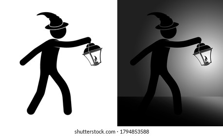 Happy Halloween Day, stick masquerade man in sorcerer hat lights the way with a lantern. Road lighting at night. Search for a way out of a difficult situation. Black and white vector