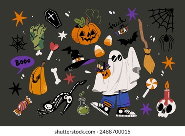 Happy Halloween day stickers set. Collection of spooky white sheet ghost, pumpkin, bat, candy, cat, skull, spider, zombie hand. Perfect for scrapbooking, greeting card, party invitation, poster.