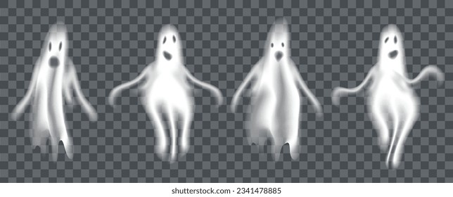 Happy Halloween day vector. Collection of spooky ghost with emotion, spirits gradient mesh effect. Transparent shadow effect ghost in halloween festival for decoration, prints, cover, stickers.