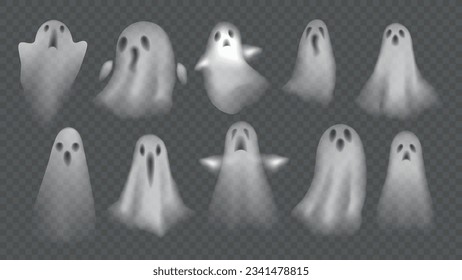 Fröhliche Halloween-Tagesvektor. Geräumige Kollektion von unscharfem Geist mit Emotionen, Spirituosen Gefälle Mascheneffekt. Transparenter Schatteneffekt-Geist in Halloween-Festival für Dekoration, Drucke, Cover, Aufkleber.