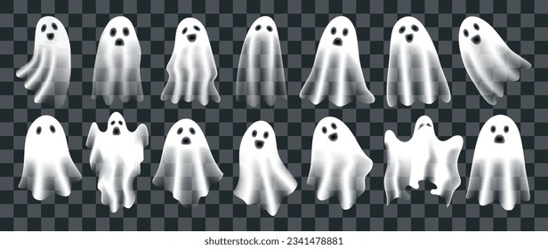 Happy Halloween day vector. Cute collection of spooky ghost with emotion, spirits gradient mesh effect. Transparent shadow effect ghost in halloween festival for decoration, prints, cover, stickers.