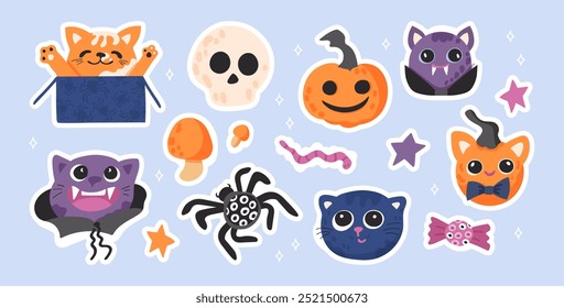 Feliz día de Halloween Elementos de Vector. Linda colección de fantasma espeluznante, calabaza, murciélago, caramelo, cráneo, araña. Adorables Elementos festivos para imprimir.