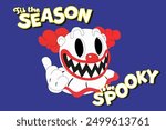 Happy Halloween day. Vector flat fictional character. Creepy clown head vector illustration. Scary retro Halloween clown with red hair. Yellow hand drawn inscription