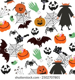 Happy Halloween day vector pattern. Background holiday design with pumpkin, spider, zombie hand, web, vampire and bat. Scary pattern