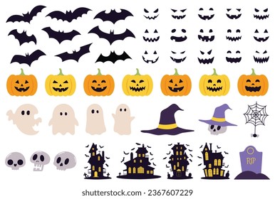 Feliz día de Halloween conjunto de vectores. Colección de personajes fantasmas, carita de sonrisa de garabato, calabaza, calavera, tumba, sombrero, murciélago. Diseño hippie retro de groovía suave para decoraciones, pegatinas