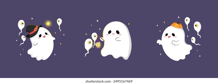 Happy Halloween day vector set. Collection of ghost characters, doodle smile face, pumpkin,light,star. Cute kind scary ghosts. Big collection of flying ghosts.Hand drawn spooky