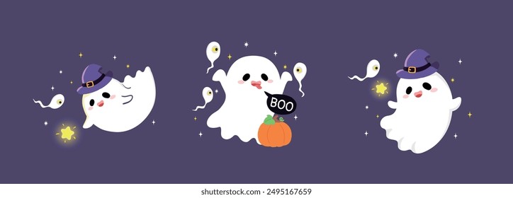 Happy Halloween day vector set. Collection of ghost characters, doodle smile face, pumpkin,light,star. Cute kind scary ghosts. Big collection of flying ghosts.Hand drawn spooky