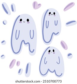 Happy Halloween Day vector set. Collection of ghost characters, doodle blots with a smile on their face. Cute kind funny ghosts drops. collection of flying ghosts. Hand drawn creepy. Drops of paint