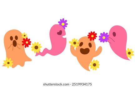 Happy Halloween day vector set. Collection of cute ghost characters. Cheerful kind scary ghosts. Big collection of flying ghosts. Hand drawn spooky
