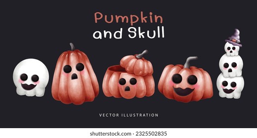 Happy Halloween Day with Watercolor Pumpkin and Skull