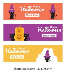 Feliz día de halloween diseño de plantillas de banners de cabecera web. Halloween con calabaza y gato negro. Ilustración vectorial.