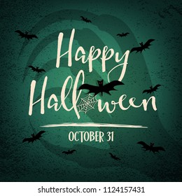 Happy Halloween day with witch hand shadow in background. Bats and spider web elements. Holiday and festival concept. Ghost and horror theme. Greeting card and decoration theme. Vector illustration