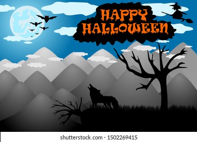 Happy Halloween Day. The wolf howling on the mountain when it saw the full moon. The silhouette of bats,tree and witch. Vector illustration 