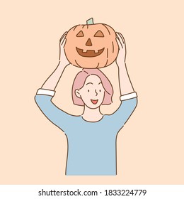 Happy Halloween Day. young girl for halloween holding a big orange pumpkin. halloween party. Hand drawn style vector illustrations. 