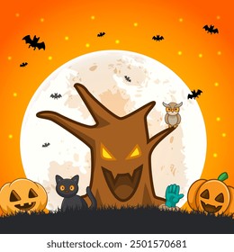 Happy Halloween  - Dead monster tree, zombie hand, black cat, pumpkins, owl, bats, full moon with orange background