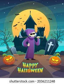 Happy halloween death reaper character holding scythe with dark night castle and moon concept illustration