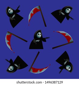Happy Halloween. Death with a scythe, skeleton. Vector seamless pattern. Blue, red and black colors.