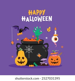 Happy Halloween decoration with Pumpkins, eyeballs, zombies, gourds, bats, candy corn, Poison Cauldron, and spooky decorations on purple background
