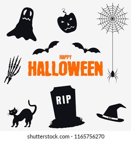 Happy Halloween - decorations elements set. Collection of Halloween silhouettes icons. Vector illustration.