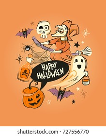 Happy Halloween decorations and fun characters. Vector illustration