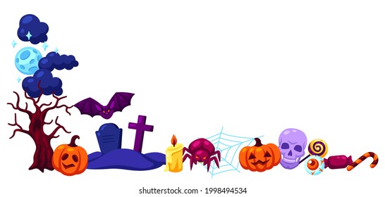 Happy Halloween decorative frame with celebration items. Illustration or background for party.