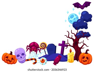 Happy Halloween decorative frame with celebration items. Illustration or background for party.