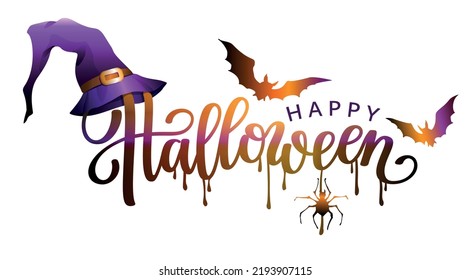 Happy Halloween decorative  lettering with bats, spider and purple witch hat . Vector illustration.