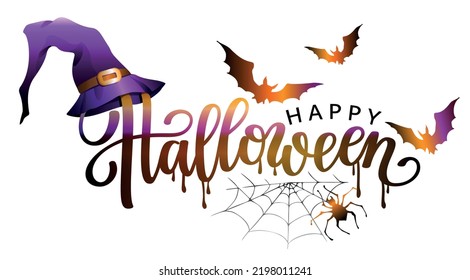 Happy Halloween decorative  lettering with bats, spider, spider web and purple witch hat . Vector illustration.