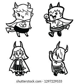 Happy Halloween. Demon kids cartoon character wearing cape, set of four characters.