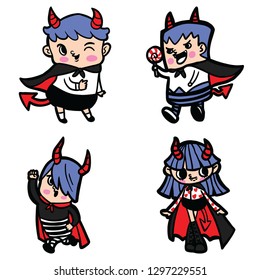 Happy Halloween. Demon kids cartoon character wearing black and red cape, set of four characters.