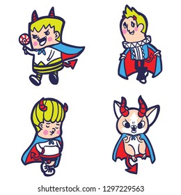 Happy Halloween. Demon Kids cartoon character wearing blue and red cape, set of four characters.