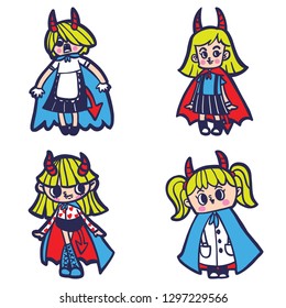 Happy Halloween. Demon Kids cartoon character wearing blue and red cape, set of four characters.