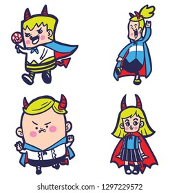 Happy Halloween. Demon Kids cartoon character wearing blue and red cape, set of four characters.