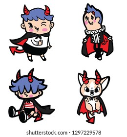 Happy Halloween. Demon kids cartoon character wearing black and red cape, set of four characters.