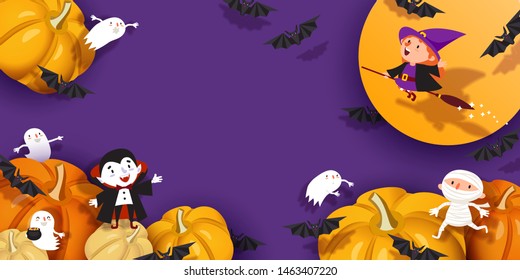 Happy Halloween design. 3d paper cut witch, ghoul, vampire, bat, pumpkin, mummy, ghost, moon. Purple and orange festive background. Vector illustration