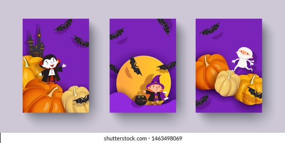 Happy Halloween design. 3d paper cut pumpkin, witch, medieval castle, vampire, mummy, bat, moon. Purple and orange festive background, banner, flyer, leaflet. Vector illustration