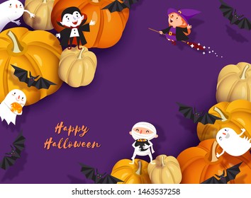 Happy Halloween design. 3d paper cut witch, ghoul, vampire, bat, pumpkin, mummy, ghost, moon. Purple and orange festive background. Vector illustration