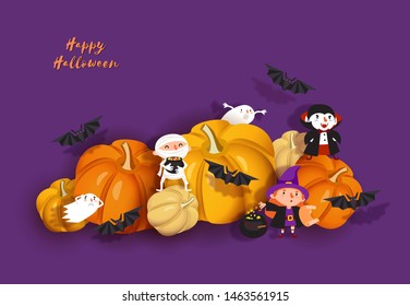 Happy Halloween design. 3d paper cut witch, ghoul, vampire, bat, pumpkin, mummy, ghost. Purple and orange festive background. Vector illustration