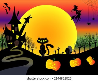 Happy halloween design background with castle, bats, witch, cat, pumpkins, cemetery. Vector illustration.