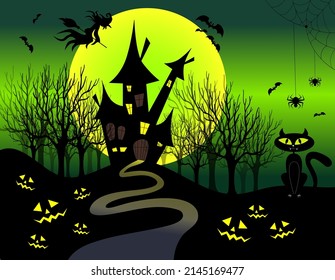 Happy halloween design background with castle, bats, witch, cat, pumpkins, creepy forest. Vector illustration.