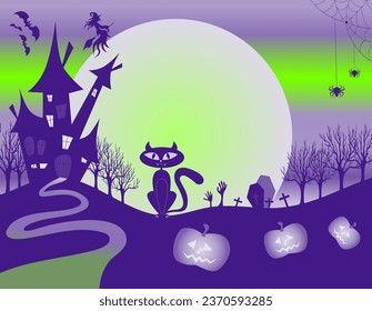 Happy halloween design background with castle, bats, witch, cat, pumpkins, cemetery. Vector illustration.